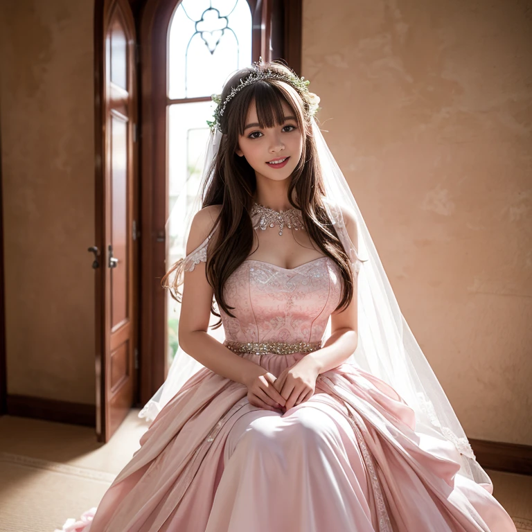 laughing out loud,(knee shot), 1 girl, light brown hair, blunt bangs, hair behind ears, Hair over the shoulders, long hair, Slender body type, Super thin face, face slimming, delicate lips, beautiful eyes, Thin blush, Eyes are light brown,Check it out here, (realistic:1.3), 8k, , Super detailed, high quality, best quality, High resolution,Wear pink wedding dress,Wear a big dress,wear princess dress,Wear a wedding dress,fairy princess dress,in the castle,Wedding ceremony,gauze dress,Wedding dress,Large gauze skirt禮服,tutu dress,Large skirt,Big hem,Large gauze skirt,2