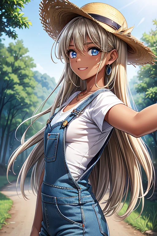 #Basics Girl posing for a photo, animeのcute少女, ((One Girl)), ((Baby Face:1.5)), ((cute:1.5)), (()), 
break 

#Clothing Accessories 
(blue denim overalls:1.4) + (White shirt) + (Long blue denim jeans:1.4) + (Red sneakers) + ((Straw hat)), 
((black gemstone earrings)), (Silver Necklace), 
break 

#Features 
((Blonde:1.2)), ((Long Hair) : Voluminous Hair + Hair blowing in the wind + Wavy Hair), 
((Big eyes:1.4)), ((blue eyes)), 
(Small breasts:1.2), (中性的な顔のFeatures),  
(Tanned dark skin:1.3), 
break 

#background environment 
((noon, Rural landscape + Forest road + blue sky)), 
#Facial Expression Pose 
((Wicked Smile:1.2)), ((outstretched arms)), 
#composition 
((Side angle:1.2)), ((Cowboy Shot)), 
break 

#Body parts elements 
(Slim figure), 
(Symmetrical facial features), 
(Detailed Hair, Beautiful Hair, Shiny Hair), 
(double eyelid, Long eyelashes, Thin eyebrows:0.5), 
(Detailed eyes), (Beautiful Eyes), (Sparkling eyes), Glitter Eyeliner, 
(Human Ear), 
(Beautiful Nose, Thin Nose), 
(Glossy Lips, Beautiful Lips, Thick lips), 
(Detailed skin, Textured skin, Beautiful Skin, Oily skin), 
break 

#quality  
(((最高quality)), ((masterpiece:1.3)), ((Very detailed))), ((Ultra-high resolution)), ((16K)), ((1080P)), ((Full HD)), 
((Anatomically correct)), ((Realistic)), (3DCG), ((Oil painting)), 
((comics, anime)), (CG illustration), (RAW Photos), 
