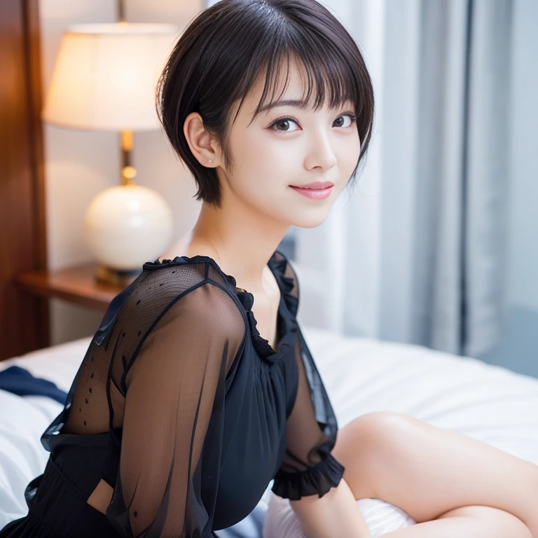 ((Best-quality, Masterpiece, Ultra-High-Resolution, (Photorealistic:1.4), Raw-Photo, Extremely-Detailed, Perfect-Anatomy)), 

1girl, the most famous Japanese idol, 18-years-old, at midnight, in luxury hotel suite, wearing only gorgeous long-dress with cute design, looking at viewer, innocent smile, hands on cheeks, portrait,  
 
(extremely cute face like a most popular Japanese cute), (extremely beautiful black-solid-circle-eyes, extremely big-black-solid-circle-eyes), (extremely beautiful short-cut-haired), (extremely beautiful realistic skins), (extremely beautiful lips), (extremely beautiful long eyelashes), (extremely beautiful big breasts), (detailed gorgeous long-dress with cute design), (detailed luxury hotel suite)