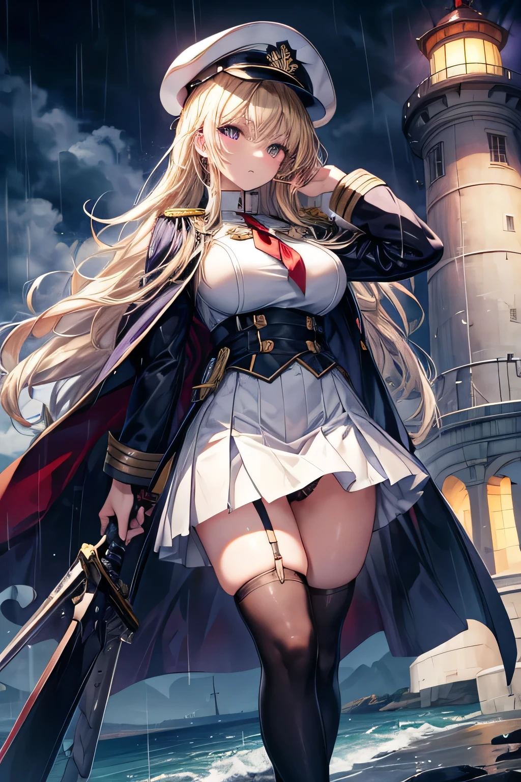 masterpiece, high quality, A beautiful woman next to a lighthouse, Long hair, wavy hair, blonde hair, purple eyes, snake Eyes, serious face, big breasts, juicy breasts, white naval military uniform, short skirt, white stockings with straps, boonie hat, black cape, sword held on the ground, rainy day background