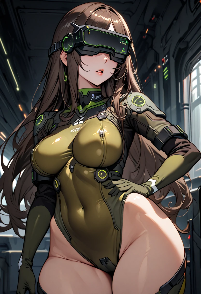 female, solo, long hair, dark hair, brown hair, curvaceous, large breasts, tiny waist, mssprd, head-mounted display, covered eyes, olive bodysuit, indoors, science fiction, parted lips, thighs, standing, hand on hip, military equipment, confident