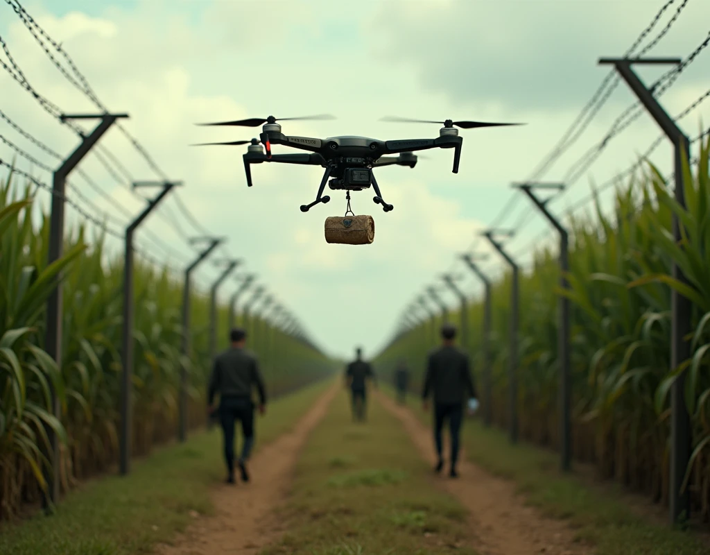 Quadcopter being used over cane farm, Quadcopter carrying drug packet, a barbed wire fence in between two farms depicting national border, soldiers patrolling near fence in background

