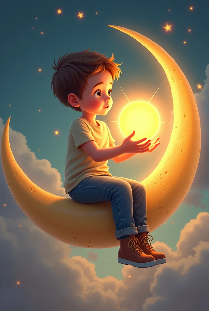 Boy holds the sun while sitting on the moon.jeans. pant.