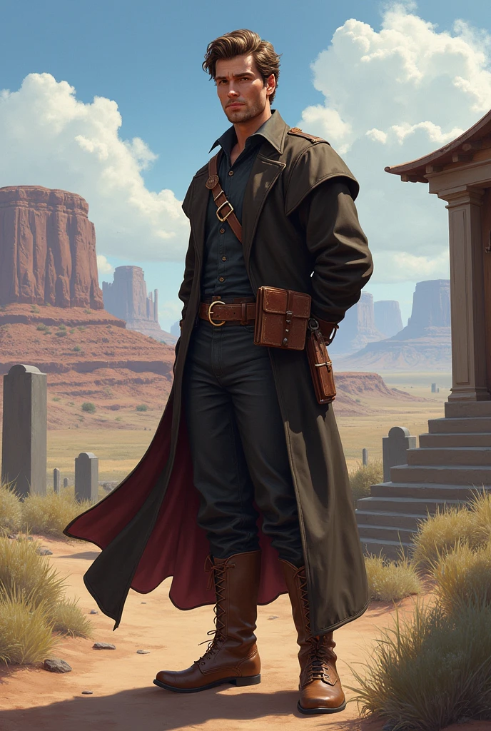He has short, slightly curly brown hair and is clean-shaven with a clean-shaven face. He has one arm behind his back. He wears a graveyard priest outfit with a brown belt that holds a Bible on his hip and leather boots under his pants. He always appears to be visually positive, but is very protective of those he loves. The character is intended to be styled in a fantasy RPG art style and set in the Old West.