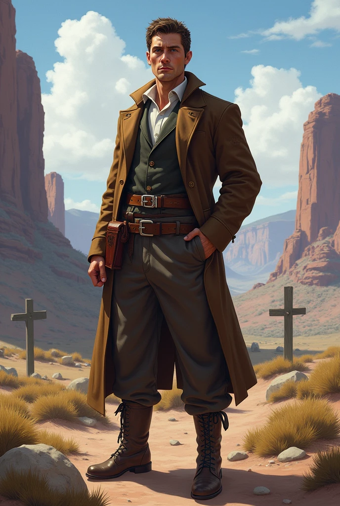 He has short, slightly curly brown hair and is clean-shaven with a clean-shaven face. He has one arm behind his back. He wears a graveyard priest outfit with a brown belt that holds a Bible on his hip and leather boots under his pants. He always appears to be visually positive, but is very protective of those he loves. The character is intended to be styled in a fantasy RPG art style and set in the Old West.