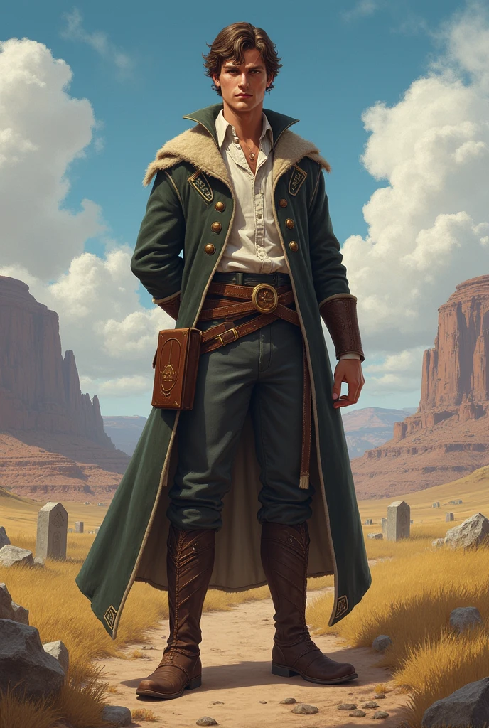 He has short, slightly curly brown hair and is clean-shaven with a clean-shaven face. He has one arm behind his back. He wears a graveyard priest outfit with a brown belt that holds a Bible on his hip and leather boots under his pants. He always appears to be visually positive, but is very protective of those he loves. The character is intended to be styled in a fantasy RPG art style and set in the Old West.