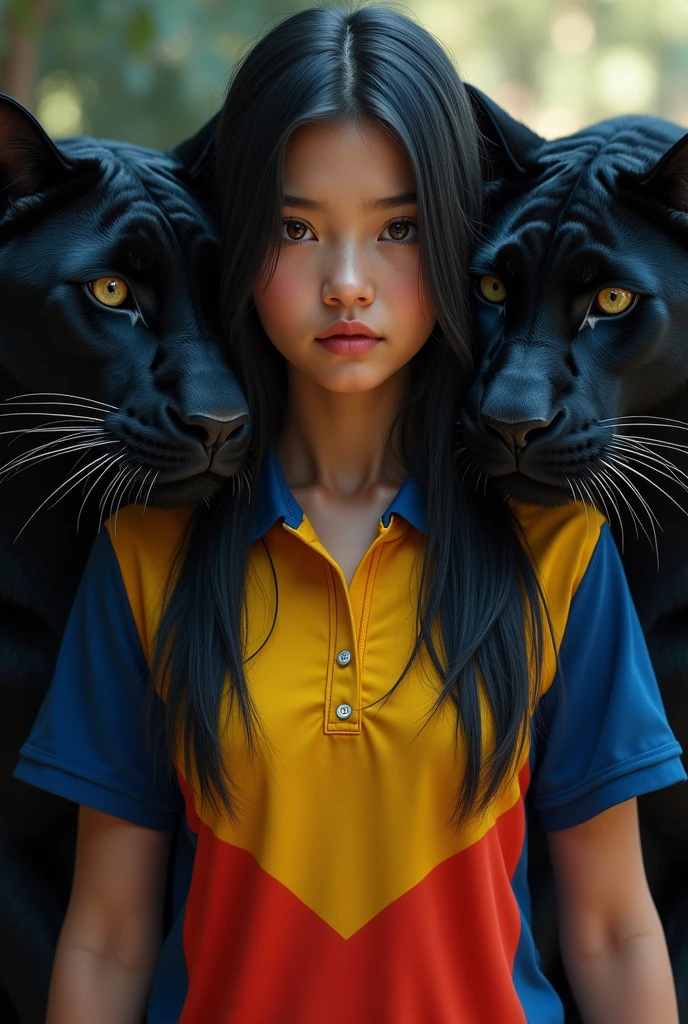 A girl with long straight black hair without bangs with honey-colored eyes and a polo shirt the color of the Colombian flag and black panthers on each side of the girl 