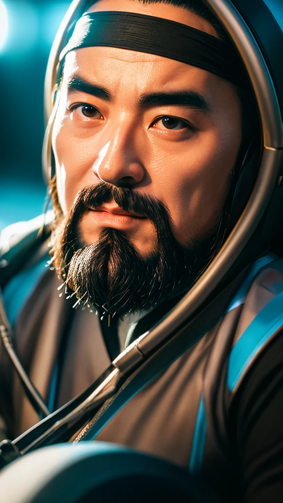Confucius, is sitting. The face is clearly visible in close-up, you can see all the details, he teaches, background futuristic , light and bright tones