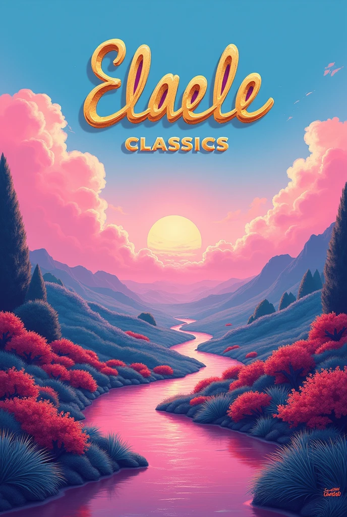 A retro landscape, in pink and blue with the words in gold ELAELE CLASSICS As if it were a soap opera logo


