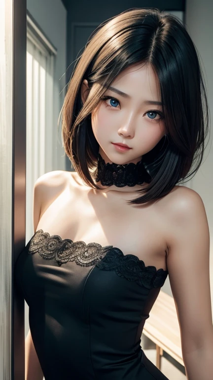 a girl who has short, beautiful shoulder-length hair and eyes that have the impression of a sharp gaze and has a cheeky and indifferent facial gesture、(body shot)