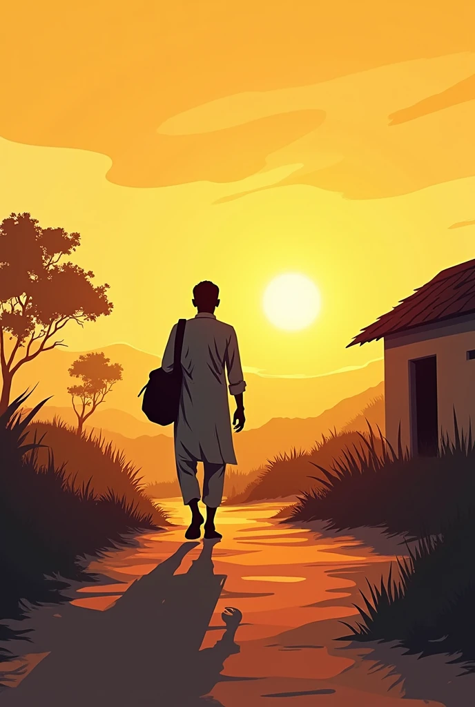A Indian adult men returning village with a bag in sunset time shadow image line art for book cover near his house
