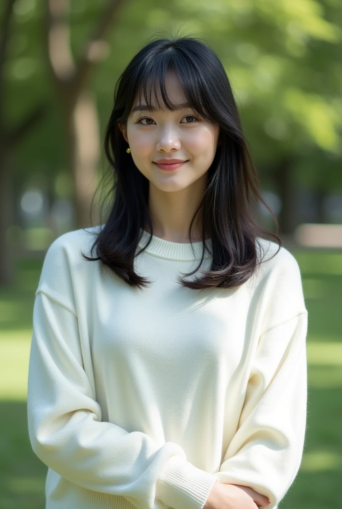 Top Quality, Masterpiece, Ultra High Definition, (Photorealistic: 1.4), (Look Off: 1.4), (Look Off: 1.4), No Look at Camera, Raw Photo, One Girl, Dark Hair, (Straight Bobs: 1.4), (Patsun: 1.4), Bangs, Smile, Glossy Skin, Dramatic Lighting, Neat, T-Shirt, White Summer Sweater, (Big: 0.9), parks