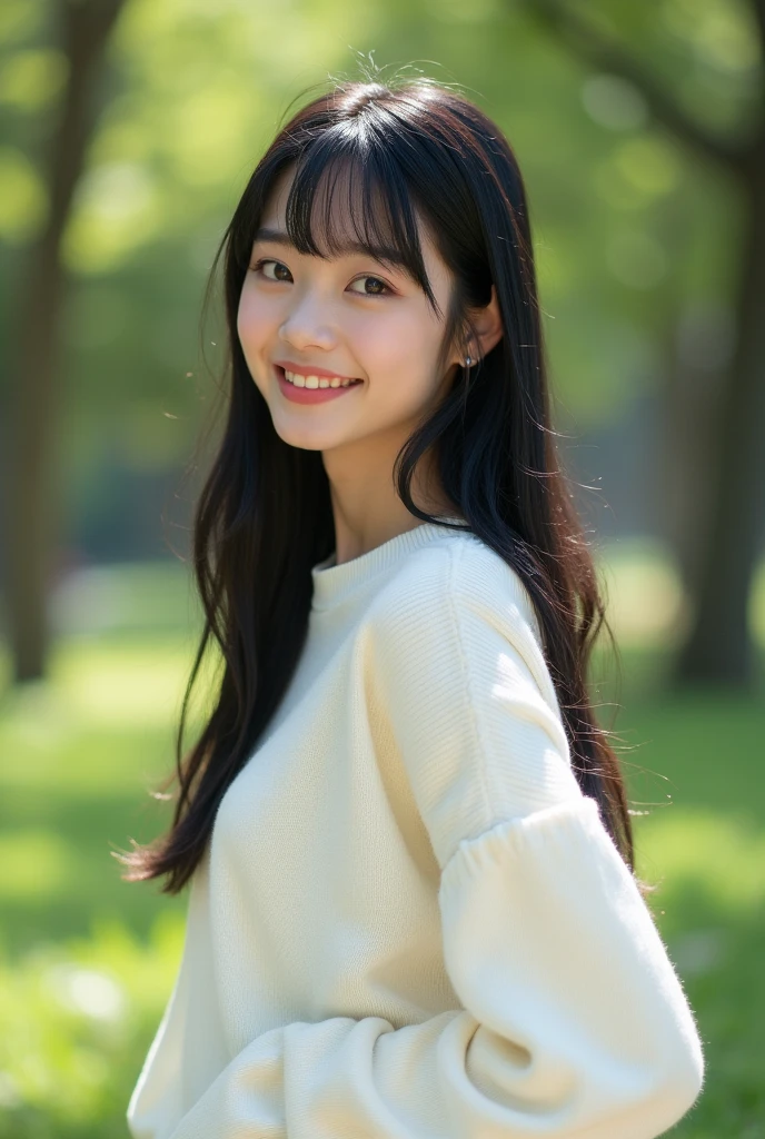 Top Quality, Masterpiece, Ultra High Definition, (Photorealistic: 1.4), (Look Off: 1.4), (Look Off: 1.4), No Look at Camera, Raw Photo, One Girl, Dark Hair, (Straight Bobs: 1.4), (Patsun: 1.4), Bangs, Smile, Glossy Skin, Dramatic Lighting, Neat, T-Shirt, White Summer Sweater, (Big: 0.9), parks