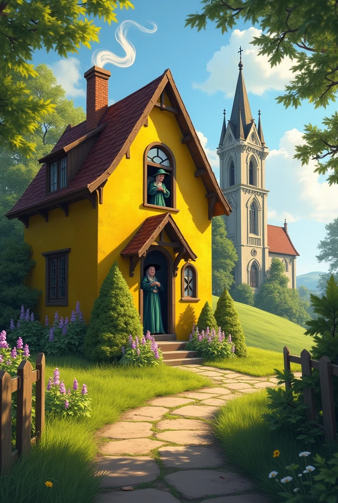 A yellow house with a witch living in it, next to the house there is a seminary 
