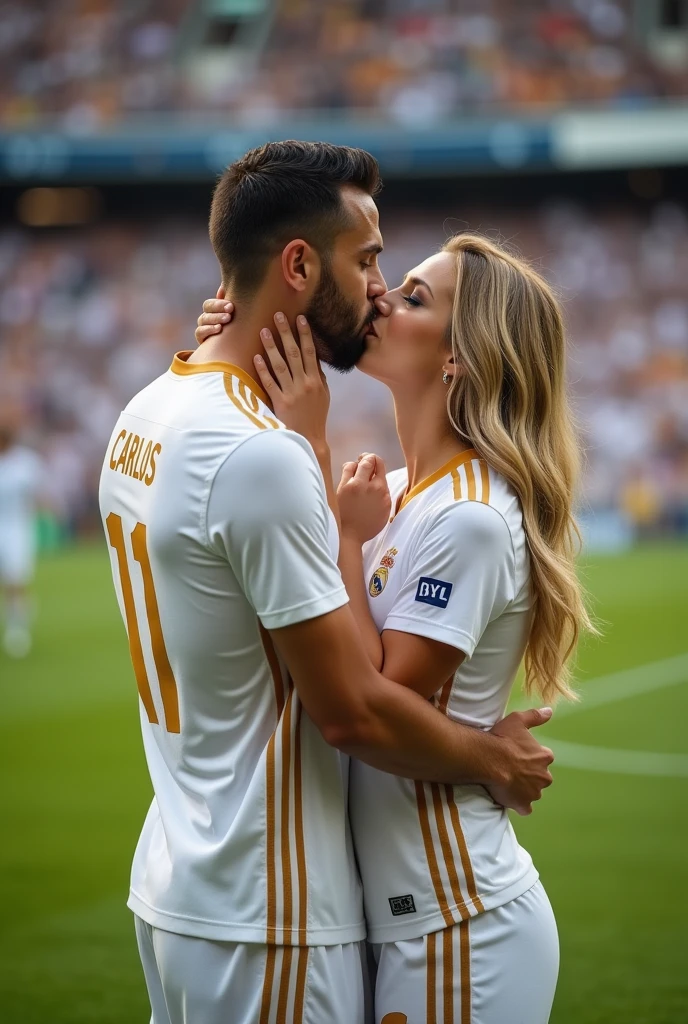 A soccer player from the Real Madrid team named Yan Carlos with the number 11 on his back kissing his beautiful blue-eyed blonde girlfriend