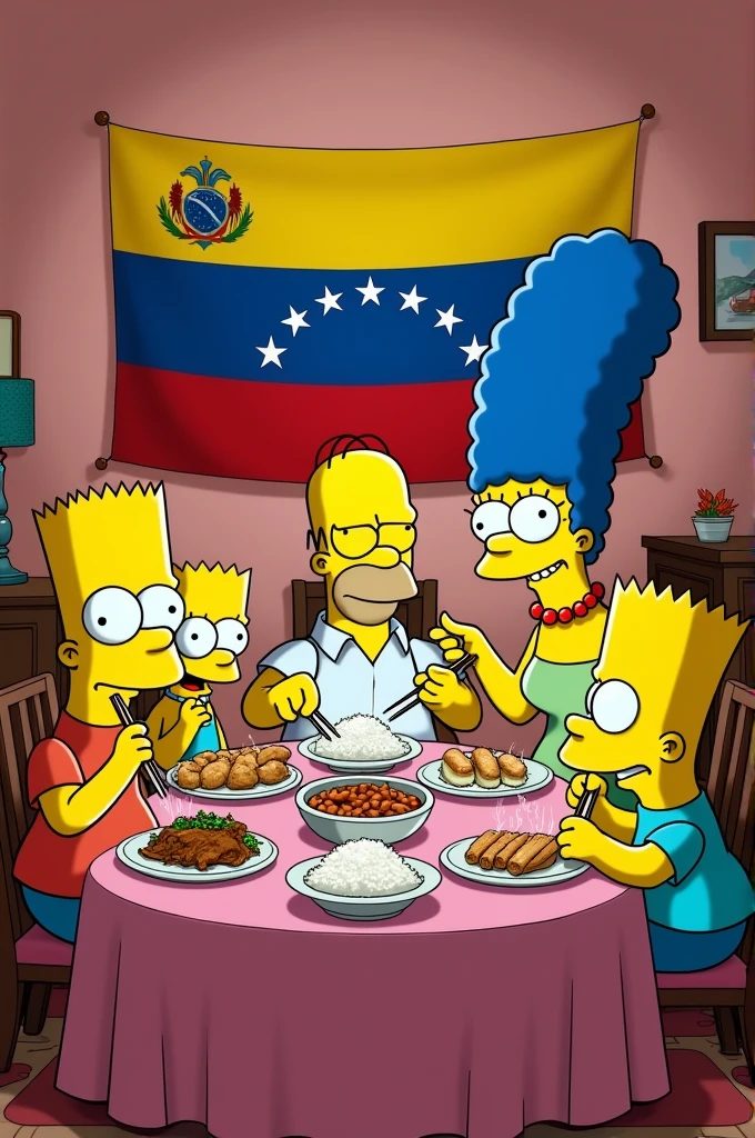 The Simpsons family eating Chinese rice with the Venezuelan flag hanging on the wall