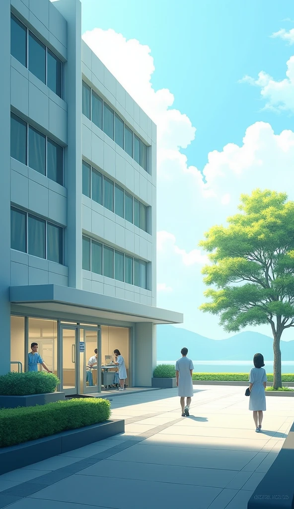A hospital and in the distance you can see a tree. 