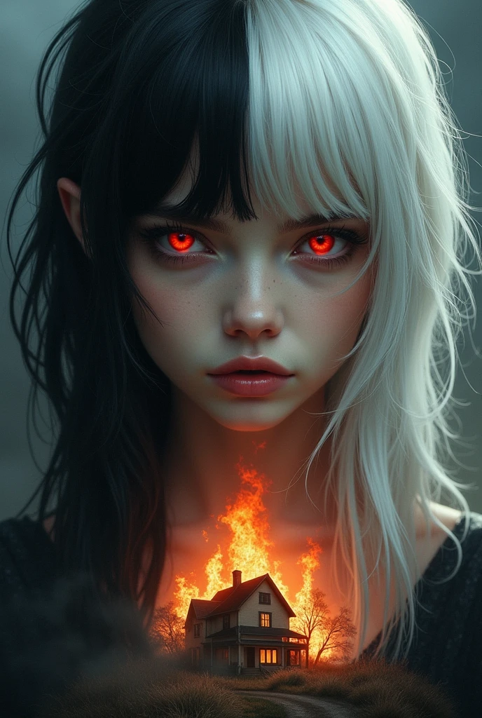 In the corner of the screen half of the face of a black-haired girl with black eyes and in the other corner half of the other side of the face of the same girl but white-haired with red eyes and in the center a house on fire