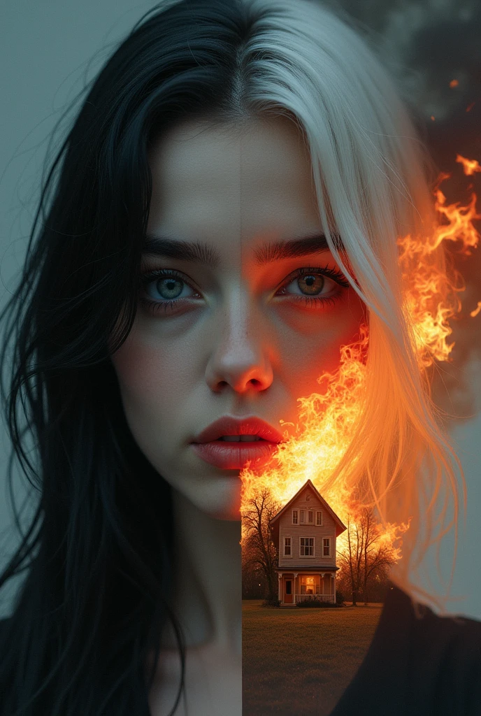 In the corner of the screen half of the face of a black-haired girl with black eyes and in the other corner half of the other side of the face of the same girl but white-haired with red eyes and in the center a house on fire