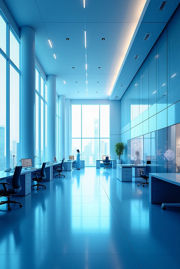 Scenography of a futuristic office in shades of blue without including any characters