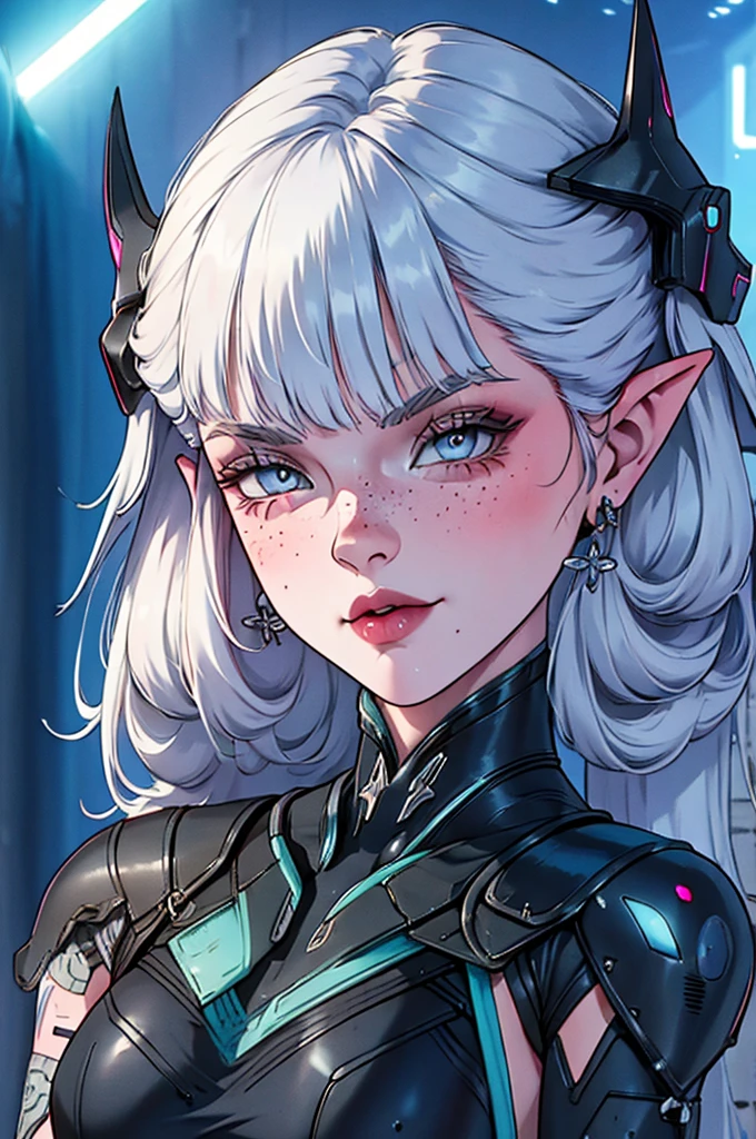 a close up of a female, pastel goth, big elf girl with freckles, light grey eyes, pointy ears, freckles, many freckles on face, white horns, unreal 5. rpg portrait, 8k portrait render, unreal engine 5, beautiful female elf, unreal engine character art, female character, female lead character, there is a woman in a black leather outfit posing for a picture, goth cybersuit, wearing techwear and armor, cybersuit, dark natasha, cyber suit, clothed in sci-fi military armor, cybersuits, diverse cybersuits, cyberpunk 2 0 y. o model girl, in a dark space mercenary outfit, cyberpunk gorgeous goddess