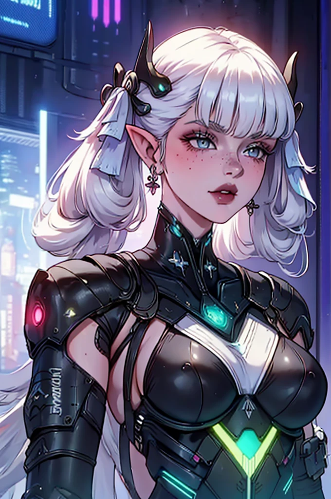 a close up of a female, pastel goth, big elf girl with freckles, light grey eyes, pointy ears, freckles, many freckles on face, white horns, unreal 5. rpg portrait, 8k portrait render, unreal engine 5, beautiful female elf, unreal engine character art, female character, female lead character, there is a woman in a black leather outfit posing for a picture, goth cybersuit, wearing techwear and armor, cybersuit, dark natasha, cyber suit, clothed in sci-fi military armor, cybersuits, diverse cybersuits, cyberpunk 2 0 y. o model girl, in a dark space mercenary outfit, cyberpunk gorgeous goddess