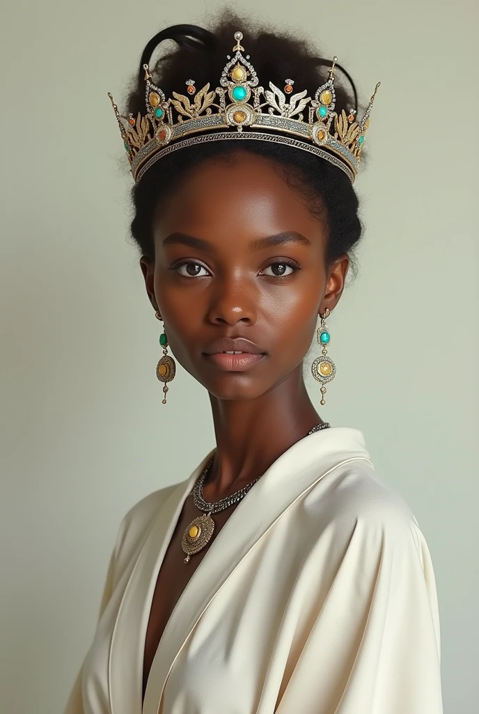 Ethiopian Queen Saba, her skin is more light, her outfit like white cotton dress, her crown like king Solomon.