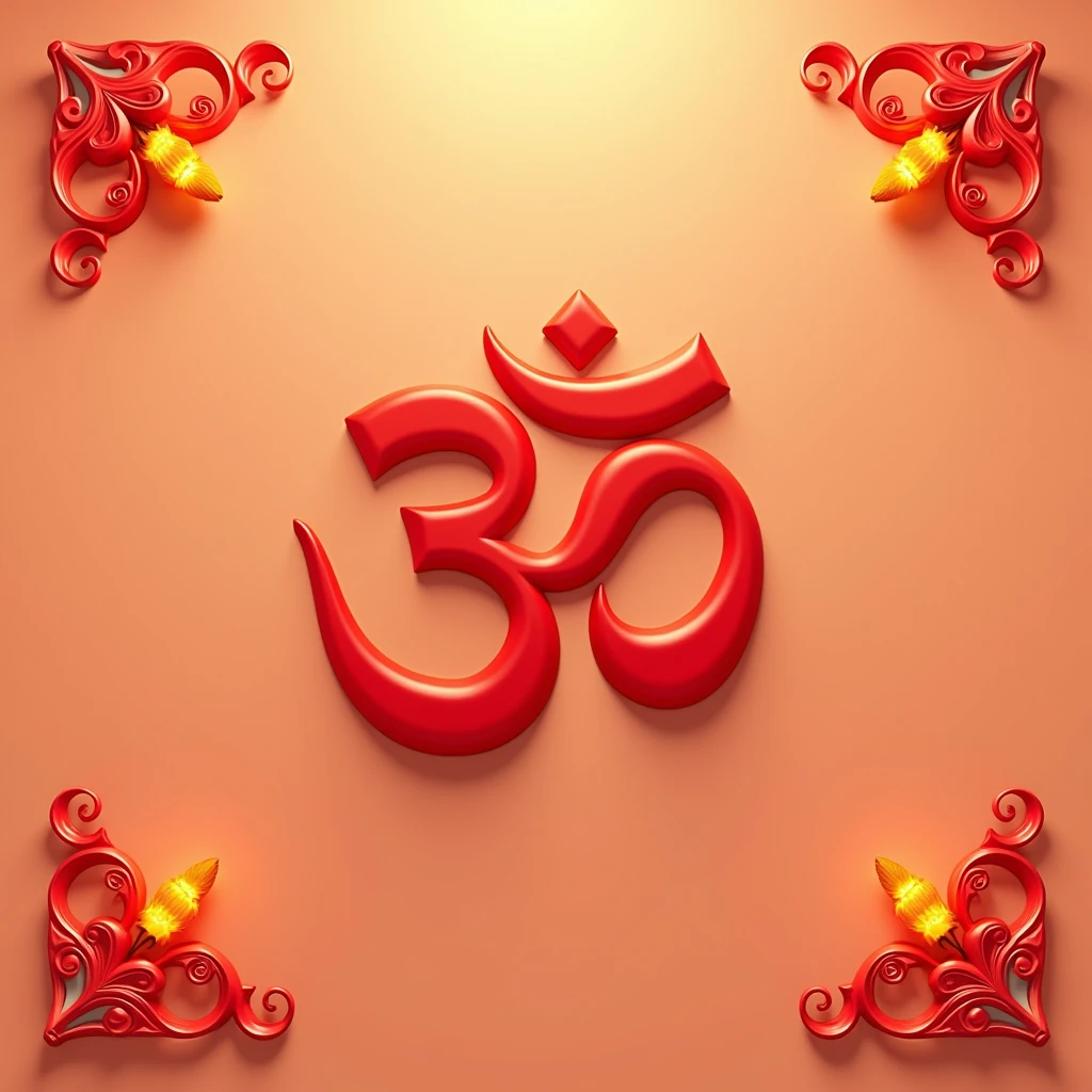 om a  hindu sign in the middle in red colour,  background is meron colour with light shade, light, HD, 3D art, some design on the side line of image , like fire in the corners, 