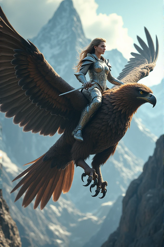 A princess riding on a big eagle griffin (princess with metal suit and sword and armour) realitic image hd quality.. On a mountain