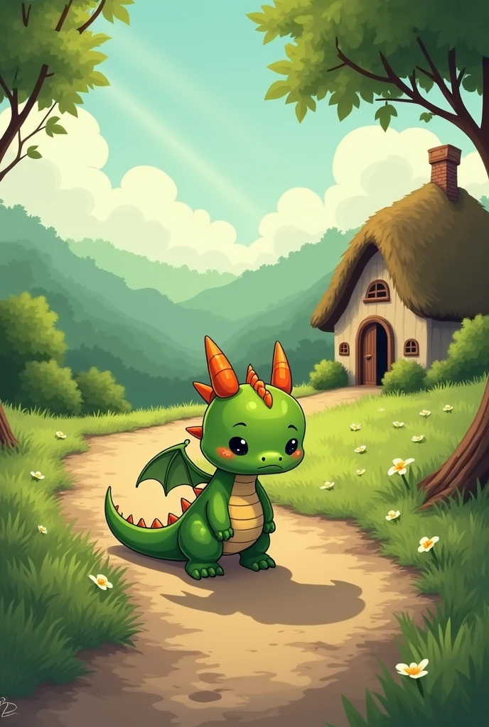 Cartoon of a sad simple green dragon leaving home