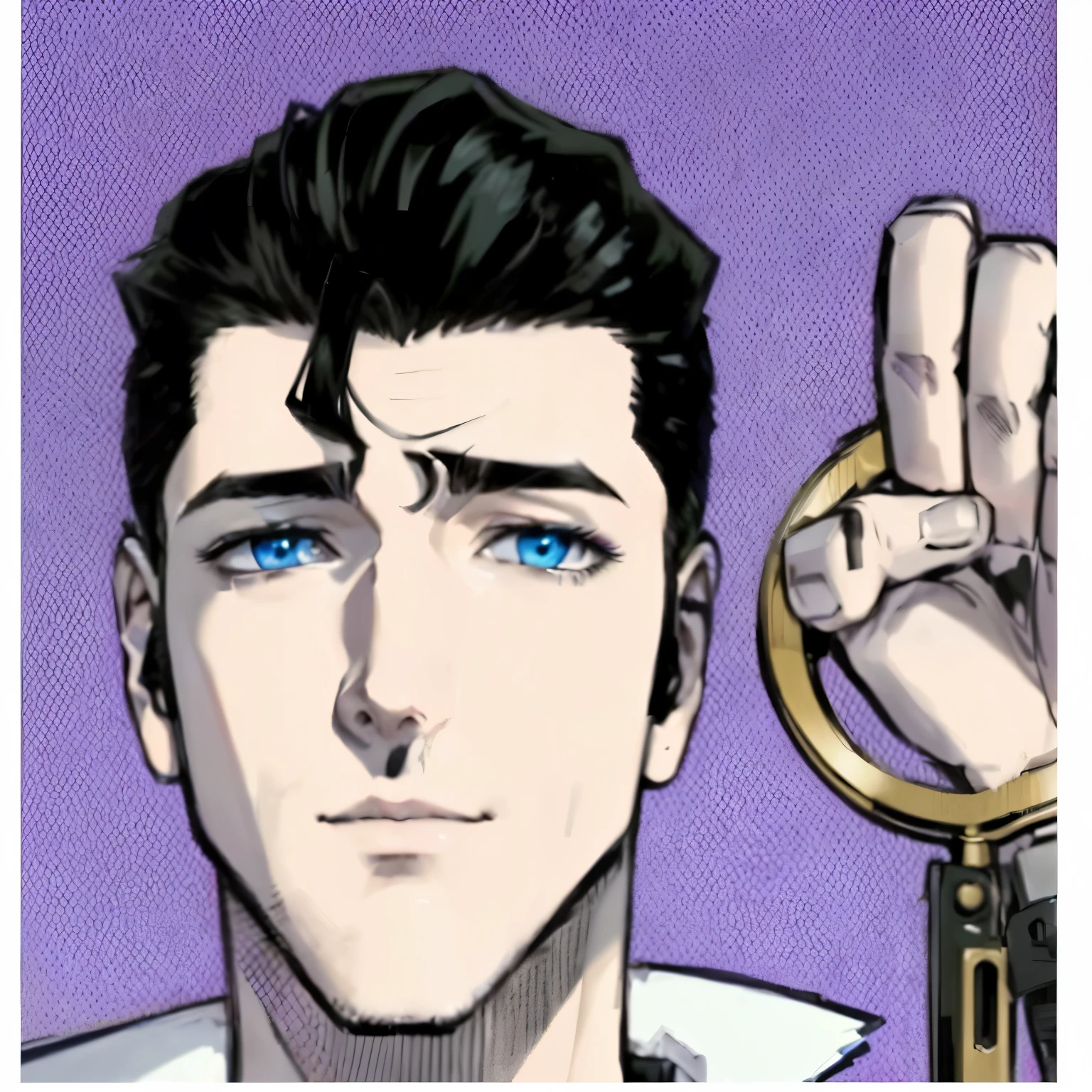 a close up of a man holding scissors, tabata manga art style. Handsome man with blue eyes,
