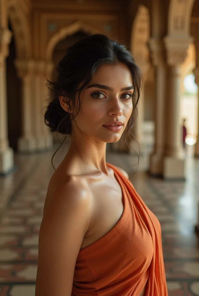 nudity、smile、Cowboy Shot、((Beautiful young Indian woman, white skin tone, not skinny))、 , ((beautiful big breasts )), pretty face, bright eyes, updo elegant hair, face detailed, 8k resolution, Nipples are visible、 ((no blouse, no bra)), ( thin cyan saree tightly draped sliding below shoulder), saree pulled down to partially expose breast, (no blouse), (no bra), Beautiful and majestic palace、((Delicate photo)),(Girl Astepeace RAW Photo Details:1.25), (Highest quality:1.6), (Ultra-high resolution:1.5), (Realistic:1.75), 8K resolution, Canon EOS R5, 50mm, Absurd, Very detailed,Cinema Lighting、