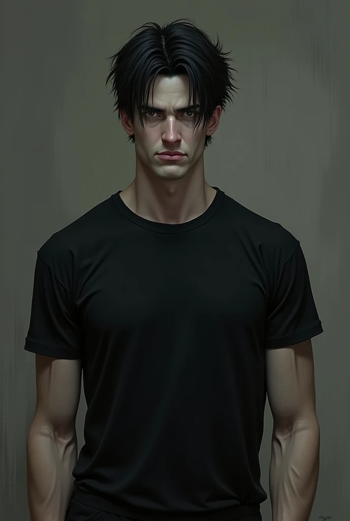 Here is a brief description of the character.:
"Serious 2 man, tall and thin, with black hair and dark eyes that shine brightly. He wears a black T-shirt and looks ahead with an enigmatic expression., as if he was lost in his thoughts. His face is pale and angular., with defined features that give him an air of mystery and authority, book character who is looking straight ahead