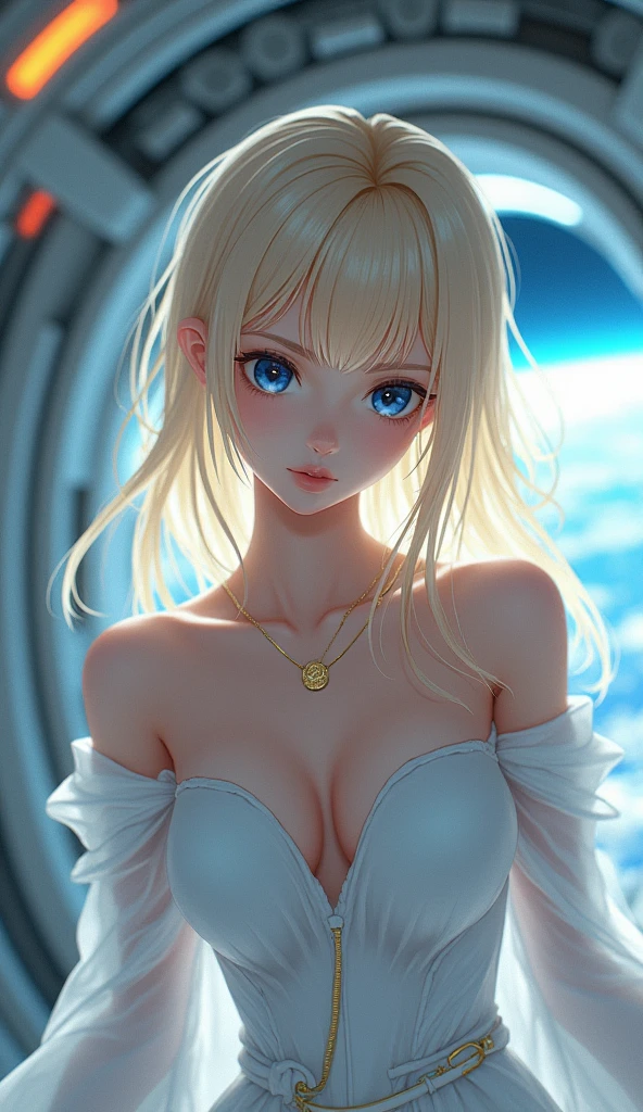 Young blonde anime, aesthetic body, dark blue eyes, with white clothes with blue details, on a spaceship, with golden necklace
