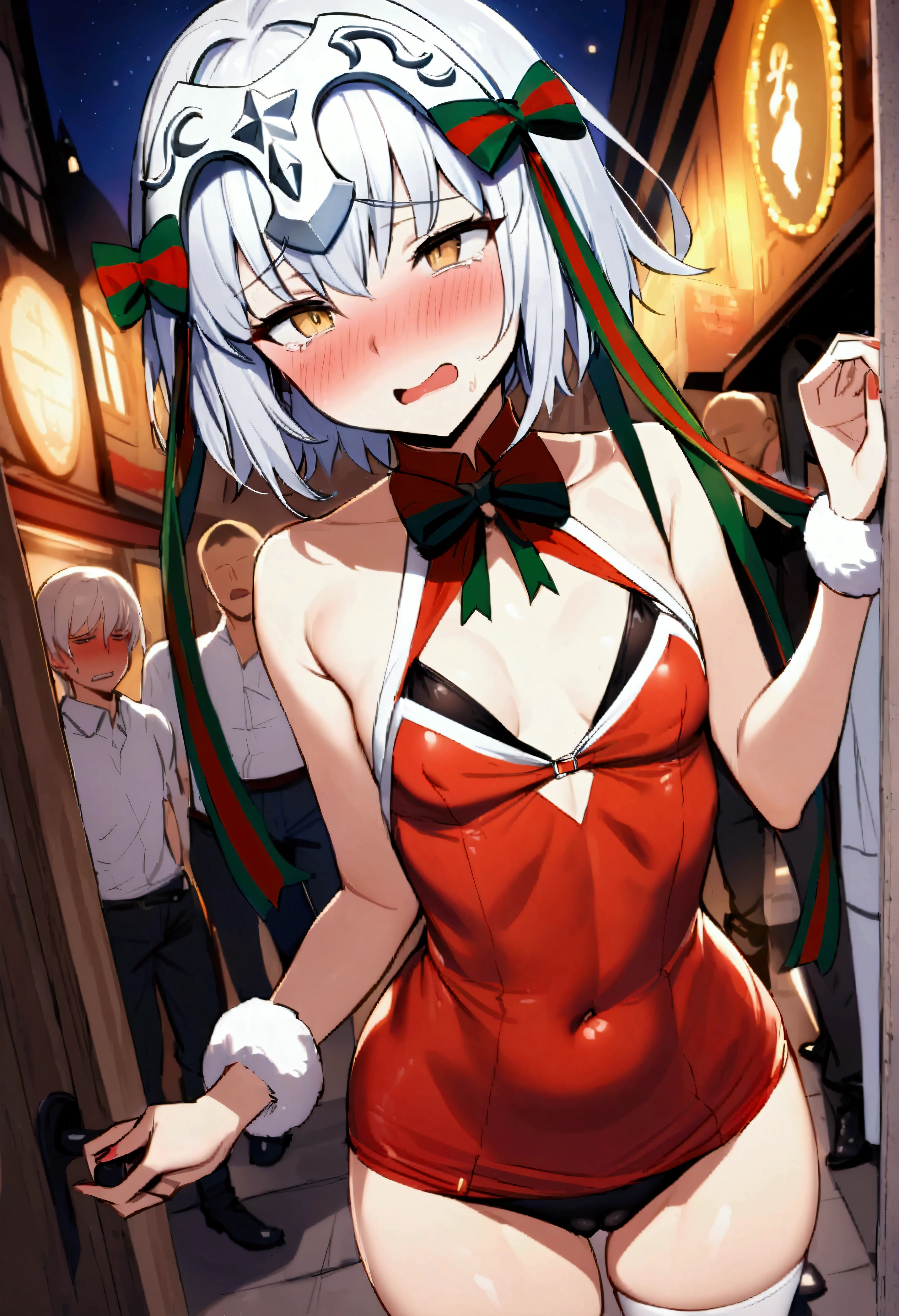 NSFW,masterpiece,Highest quality,High resolution,Very detailed,,Joan of Arc Horta Santa Lily\(Fate/grandorder\),(White Hair),Short Hair,Headpiece,Golden Eyes,Small breasts,Red and white santa costume,Two-tone,White cut-in dress,mini skirt,Black bikini top,Knee socks,Nightlife,In town,Embarrassed,blush,(Lustful face),Molester,sexual harassment,(Prostitute)