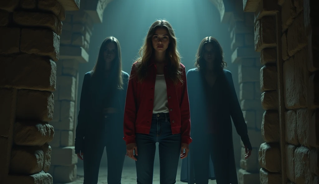 maya seed is 1342503350, wearing red shirt jacket with blue jean. maya is young beautiful university girl. maya is getting surrounded by many shadows in ancient chamber