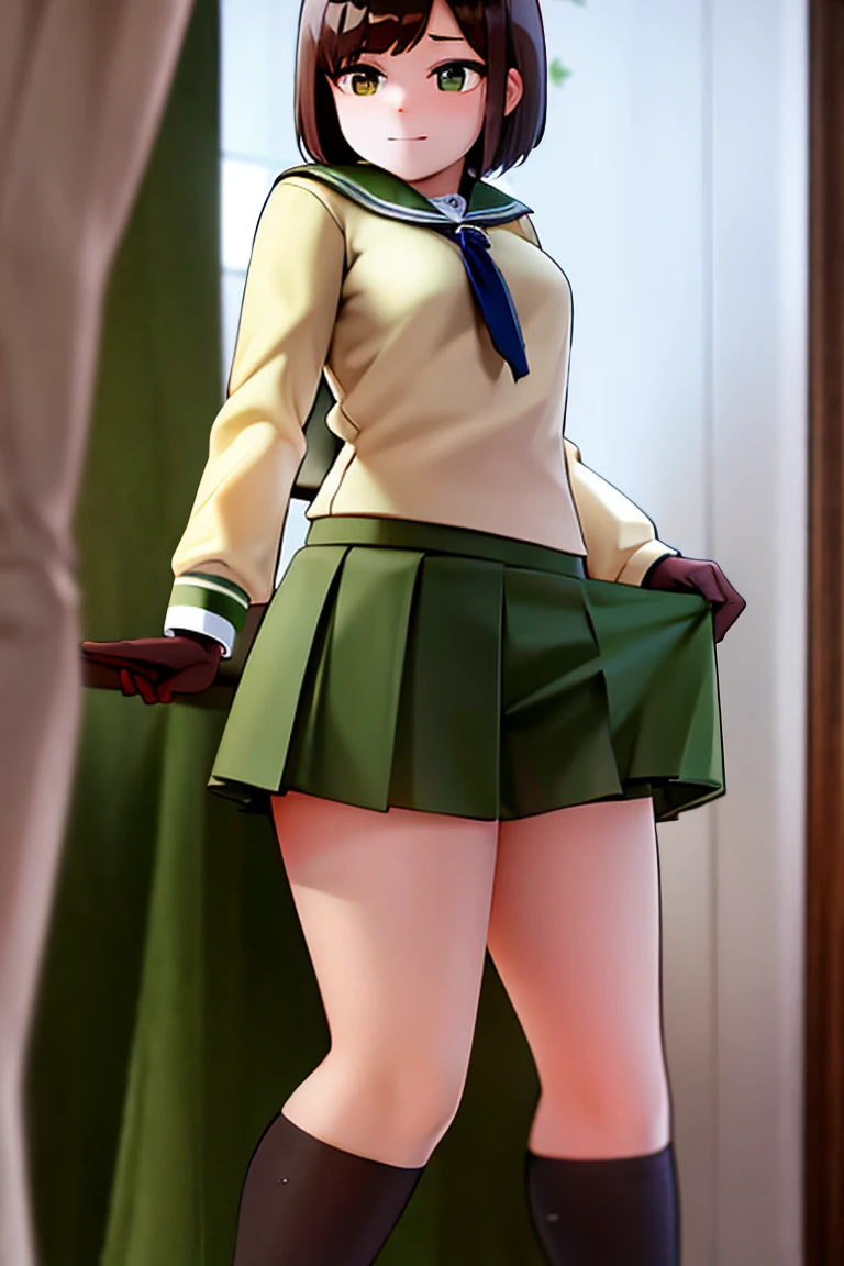 adolescent, Brown hair, Brown eyes, School uniform, knee high stockings, green skirt, White shirt, white gloves, 