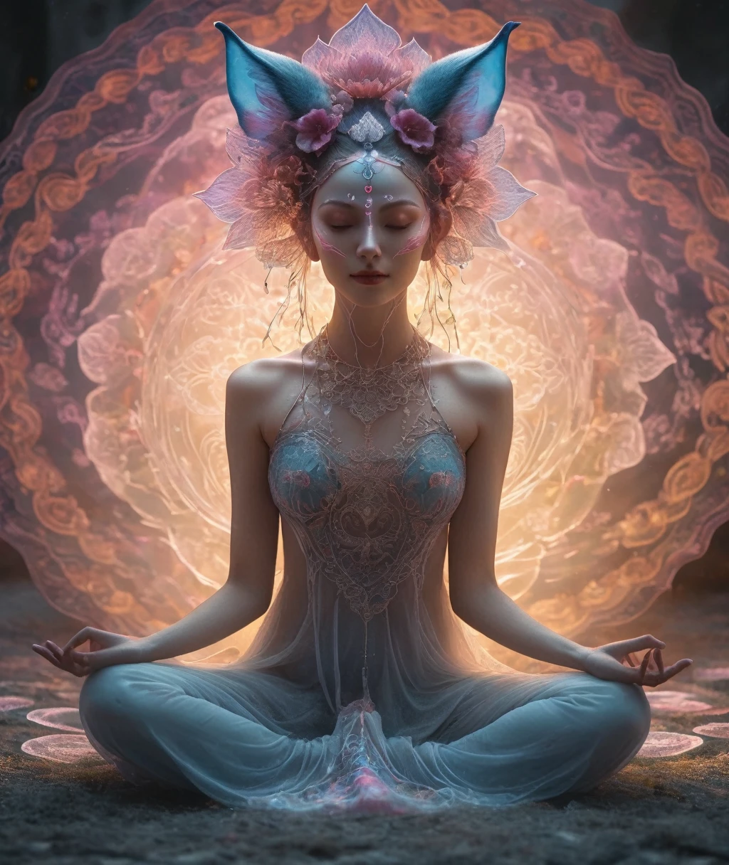 Full body photography of girl in lotus pose，Anatomically correct,Raw, movie shot, (Clear focus:1.5), (Reality:1.4), Dusk lighting, Volumetric Lighting, Ultra-high resolution, 16K,Dramatic Lighting, White background：1.5）（Zentangle，Mandala，Tangle，Entanglement：0.7）Fox Demon，Fox Mask，Short coat, Foxfire Curse, fox family, Transformation, Depth of Field, dreamy atmosphere, Chaos in its most beautiful form, grace, Brutalist design dark theme, Flower of Death, Flowers of ecstasy，Glowing Line,Glow Example，Tracking example，flash， Backlight，translucent，Light Particles,HILL，exit