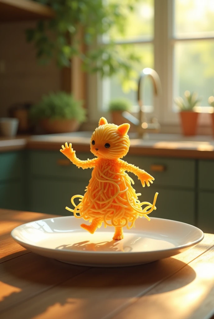 Leonardo Ai Prompt - " A whimsical miniature figure composed of delicately arranged noodles, poised in a carefree dance on the rim of a plate, white shiny plate, set on a table, vibrant kitchen backdrop, where dappled sunlight filters through the canopy above, casting intricate shadows. The overall aesthetic is ethereal, with warm, earthy tones of sienna, umber, infused with hints of emerald and golden light, evoking a sense of wonder and enchantment, as if plucked from a fantastical realm. Luma Labs Ai prompt - "A human like figure made of noodles dancing.