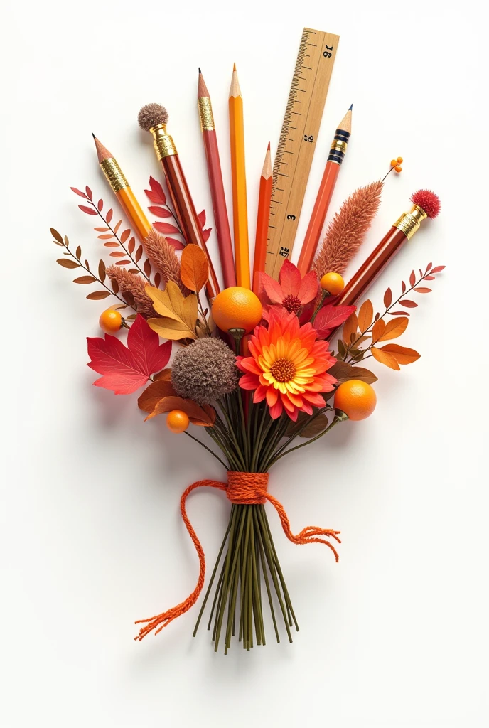((officially)) ((masterpiece)) ((Best quality)) ((detailed)) autumn bouquet of flowers, Pencils, tassels, Ruler, pens on a white background