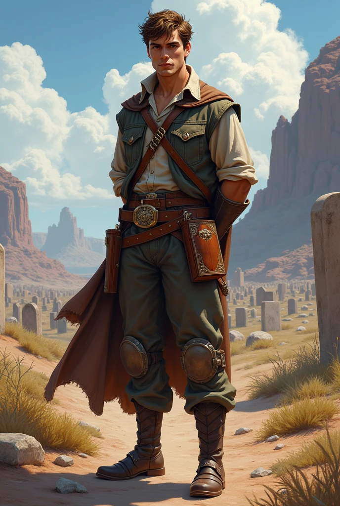 He has short, slightly curly brown hair and is clean-shaven with a clean-shaven face. He has one arm behind his back. He wears a graveyard priest outfit with a brown belt that holds a Bible on his hip and leather boots under his pants. He always appears to be visually positive, but is very protective of those he loves. The character is intended to be styled in a fantasy RPG art style and set in the Old West.