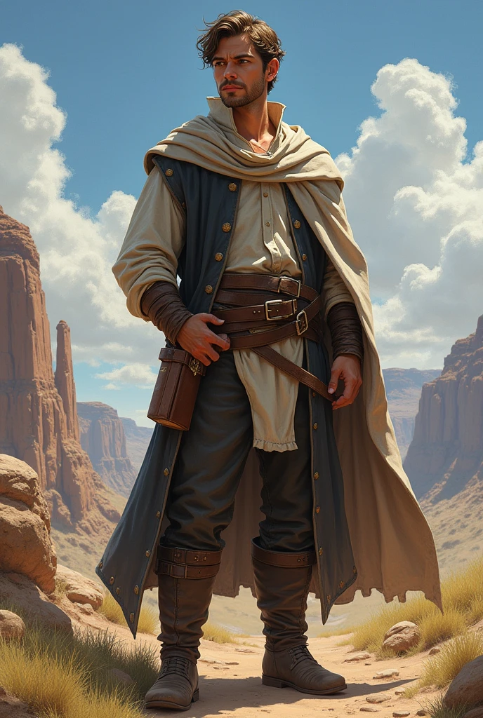 He has short, slightly curly brown hair and is clean-shaven with a clean-shaven face. He has one arm behind his back. He wears a graveyard priest outfit with a brown belt that holds a Bible on his hip and leather boots under his pants. He always appears to be visually positive, but is very protective of those he loves. The character is intended to be styled in a fantasy RPG art style and set in the Old West.