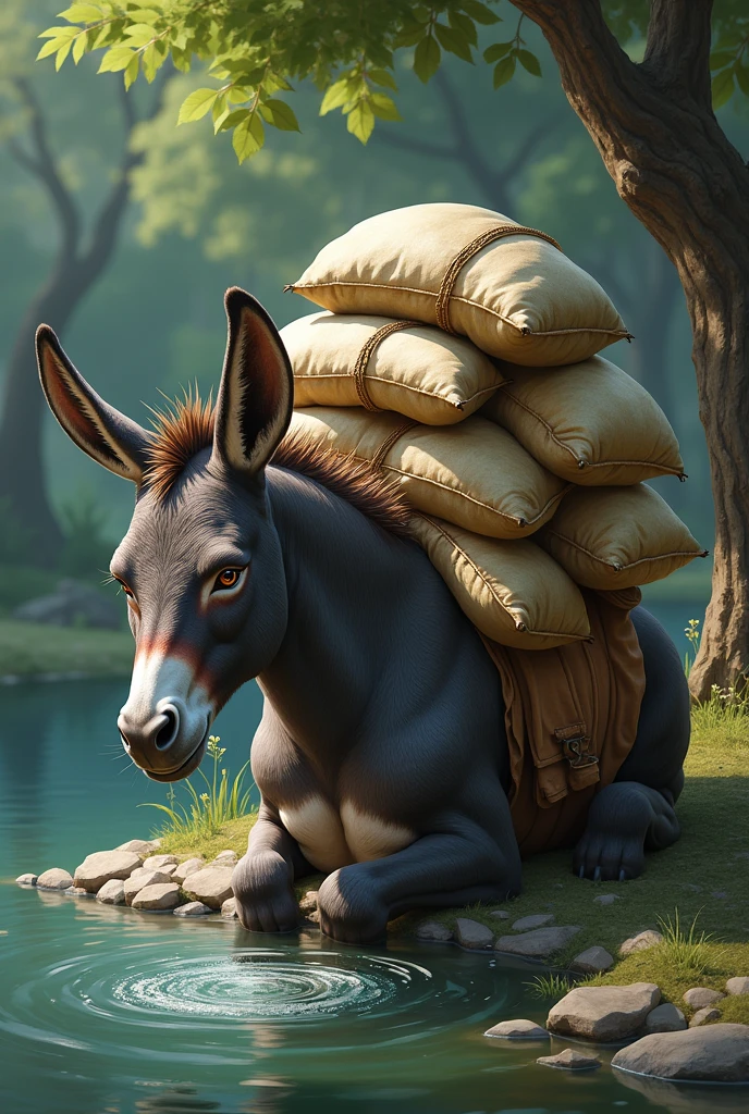 There are many sacks on the donkey's back and the donkey is sitting with a lot of water inside