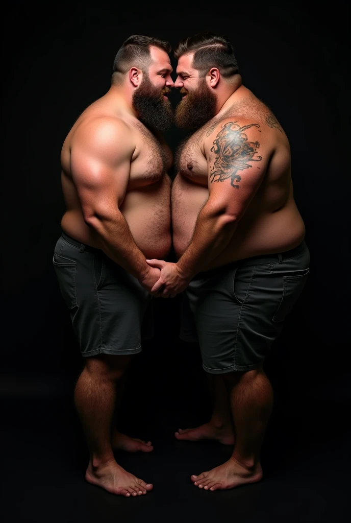 "8KUHD HDR Very Realistic Very Detailed High Quality Create a professional studio-style photograph featuring two 4 men, hdr burly, hdr hairy, hdr beared big daddy bear,  and hdr very realistic detailed rugged man and his husband in boxers. Hdr very realistic beards, very hdr realistic hair, very hdr realistic beards, hdr very realistic thick chubby fat neck, hdr very realistic neck, hdr very realistic neck details, hdr very realistic neck lines, hdr very realistic belly, hdr very realistic chest, hdr very realistic strong chest and arms, hdr very realistic hairy chest and arms, hdr very realistic pecs, hdr very realistic burly body, hdr very realistic nipples, hdr very realistic burly body, hdr very realistic face, hdr very realistic eyes, hdr very realistic nose, hdr very realistic ears, hdr very realistic facial features, hdr very realistic arms, hdr very realistic hands, hdr very realistic wrists, hdr very realistic fingers, hdr very realistic fingernails, hdr very realistic shoulders, hdr very realistic mouth, hdr very realistic skin textures, hdr very realistic textures, hdr very realistic extricate detailing, hdr very realistic lips, hdr very realistic detailed skin, hdr very realistic skin, hdr very realistic heads, hdr very realistic ears, hdr very realistic nose, hdr very realistic facial features, hdr very realistic mens clothing, hdr very realistic detailed mens clothing. HDR A very realistic man and his husband are kissing each other, HDR very realistically kissing each other, in a HDR very realistic romantic and HDR virile scene. HDR Very Realistic Intricately Detailed, HDR Utilize all appropriate lighting techniques for studio photography. HDR The background should be black." No Deformities, HDR "everything is 8K HDR"