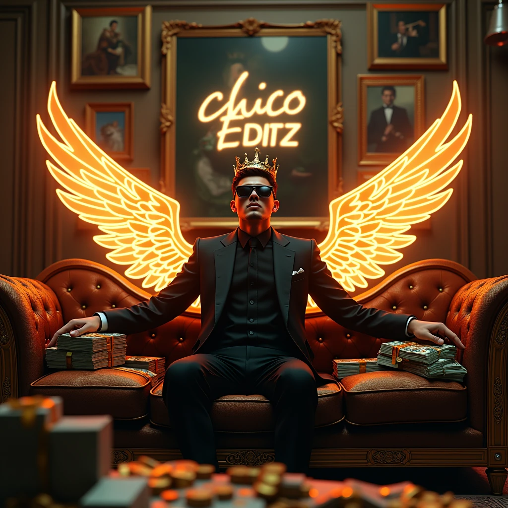 Create a realistic image where a 20 years old boy sitting on a sofa with glowing wings, there are many cash and gold on sofa with guns. At wall there are many luxury paintings and one big painting in middle. Character is wearing a black luxury suit with sunglass, his hands on top of that sofa and a crown at the top of his head. In background "CHICO EDITZ" is written with neon and bold glowing effects which is just above the sofa