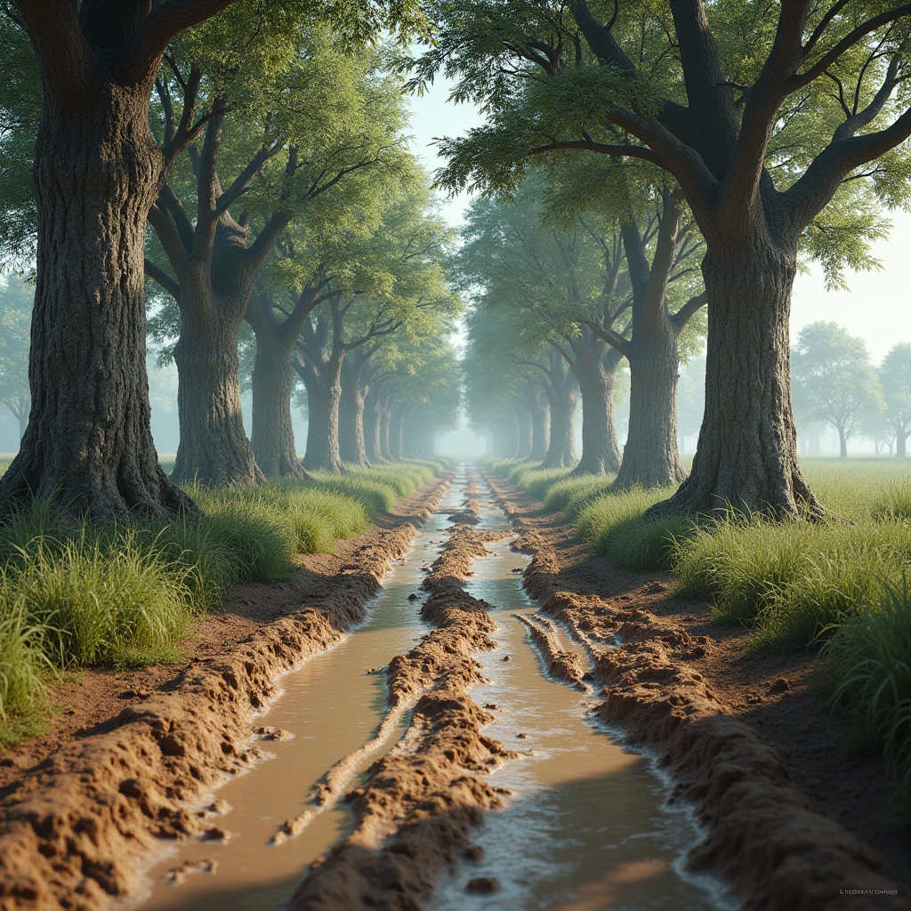 a place with mud on the ground and realistic trees planted the mud is on the ground and there are tire tracks on the ground the trees are very realistic