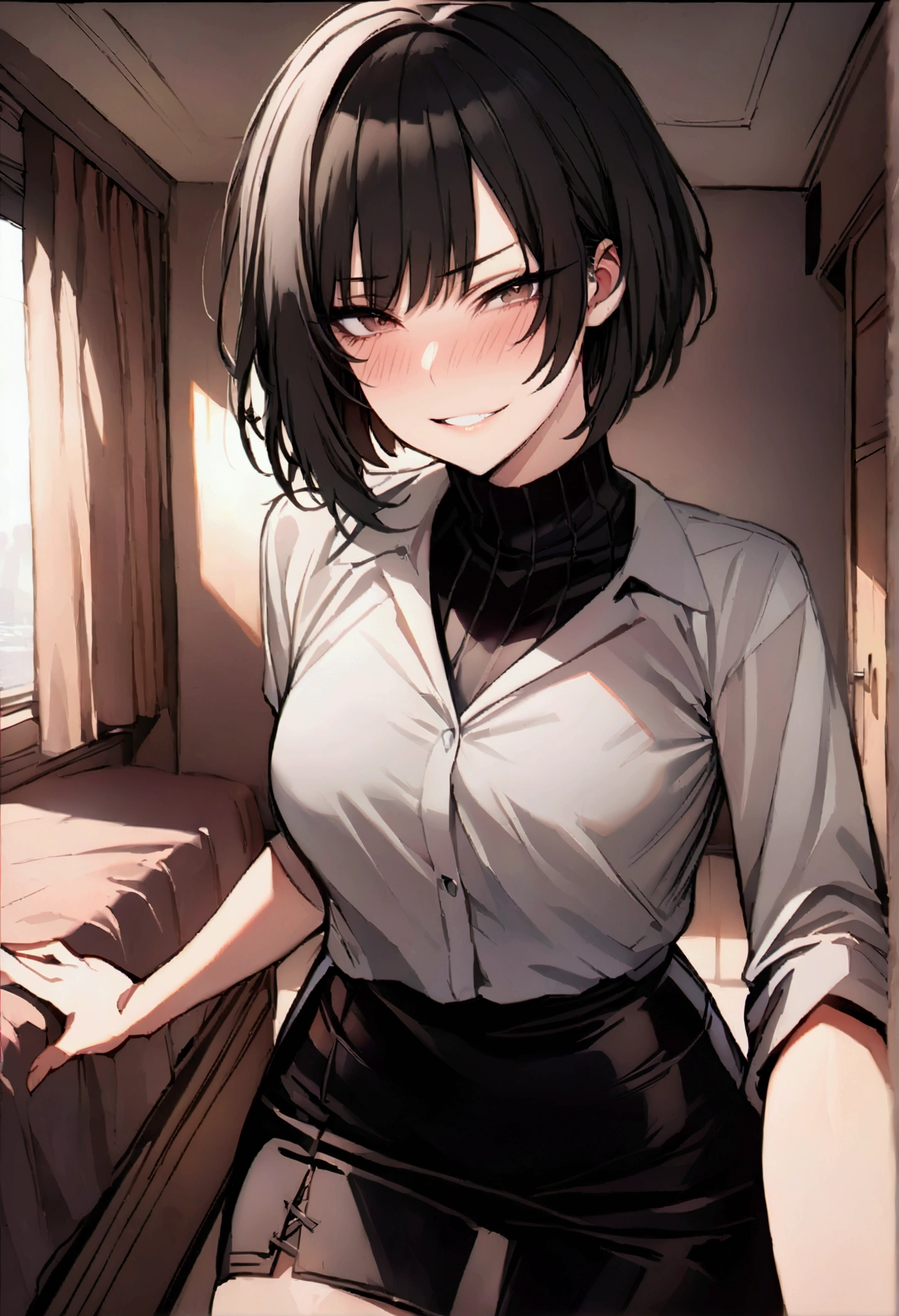 masterpiece, best quality 1girl, solo, beautiful woman, bangs, black hair, short hair, bob cut, dark brown eyes, deep blush, grin, medium breasts, black turtle neck sweeter, short black skirt, plated skirt, looking at viewer, bedroom background