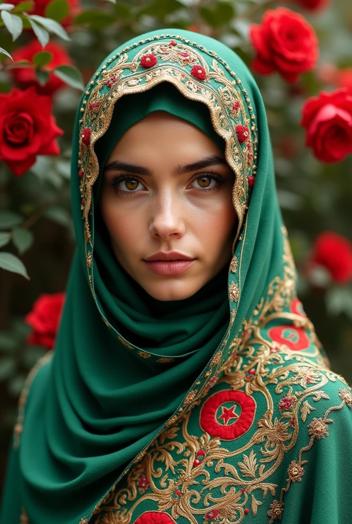 Woman wearing Algerian flag hijab decorated and embroidered with the finest and most beautiful fashions Half photo background flower garden close up