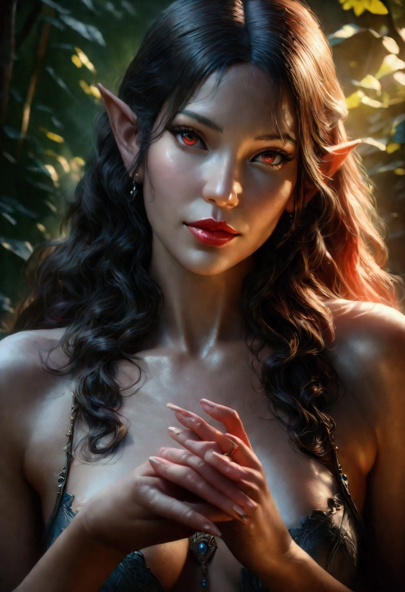 a beautiful female elf, delicate facial features, mesmerizing eyes, lush red lips, long wavy hair, exquisite porcelain skin, graceful pose, sensual expression, fingers gently caressing her intimate area, glowing aura, fantasy forest background, Soft lighting, (best quality,4k,8k,highres,masterpiece:1.2),ultra-detailed,(realistic,photorealistic,photo-realistic:1.37),intricate details,vivid colors,cinematic composition, Ahageo expression, 3D anime style.