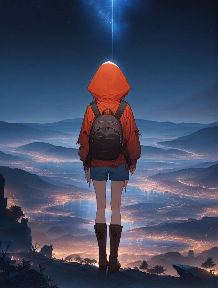 score_9, score_8_up, score_7_up, score_anime, masterpiece, top quality, delicate illustration, sharp lines, sharp focus, BREAK, a traveling girl wandering in the endless night world, the girl wears a hood and has a lot of stuff in her backpack, night , fantastic landscape, beautiful scenery, harmony with nature, spectacular view, space city, (((torn clothes))), (((torn hood))),shorts,boots